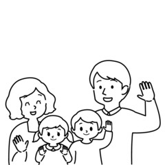 Fototapeta na wymiar イラスト素材：こちらに手を振る男女の子供を育てる幸せな若い夫婦 　4人家族（主線あり/白黒） 