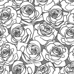 Vector vintage seamless pattern. White and gray outline rose flowers