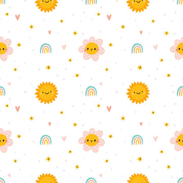 Seamless pattern with sun, rainbow, hearts and flowers. Cute summer childish print with hand drawn nature elements. Milestone peaceful background. Baby shower textile