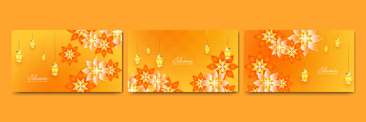 Beautiful ramadan kareem orange and gold banner design. Realistic 3D Ramadan Kareem background. Blue gold moon and abstract luxury islamic elements background