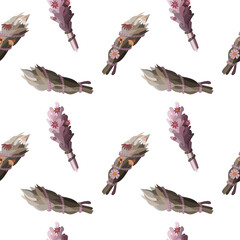 Seamless pattern with herbal smudge sticks and flowers