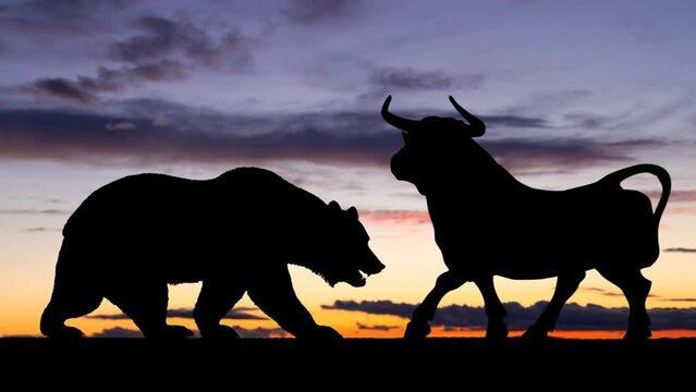 Silhouette of two Symbolic Beasts of Finance, the Bear and the Bull, Time Lapse at Twilight, Frankfurt Stock Exchange