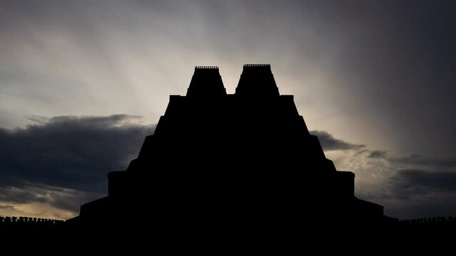 Templo Mayor at Sunrise, Time Lapse with Fast Clouds and Great Aztec Temple in Silhouette, Mexico City