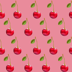 Illustration realism seamless pattern berry red cherry with green leaf on a pink background. High quality illustration