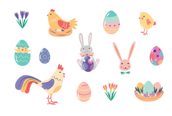 Easter set with hens, rooster, chicken, eggs and rabbits . Vector illustration of colorful Easter elements.