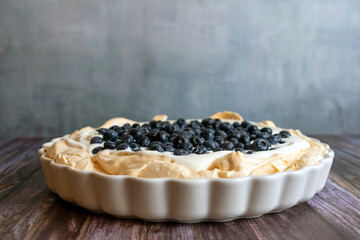 Australian Pavlova cake with blueberries on top, copy space