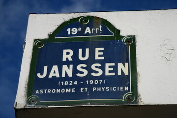 Rue Janssen. (1824-1907). Astronome et physicien. Plaque de nom de rue. Paris.