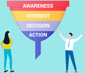 Stages of marketing process, client interest in purchases. Sales funnel with customer behavior. Market plan symbol, marketing analytics results. Action, decision, interest and awareness of customer