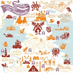 Naklejka premium H.P. Lovecraft The Dreamlands fantasy map builder simple vector icon elements
