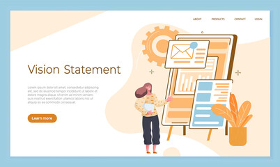 Obraz premium Vision statement landing page template, business and company mission, business planning concept with woman manager stading near presentation board with main plan. Project management, business analysis