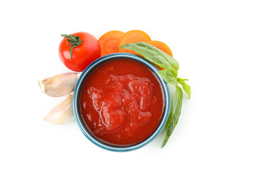 Adjika with ingredients isolated on white background