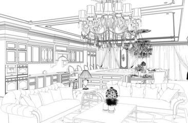 Obraz premium interior contour visualization, 3D illustration, sketch, outline 
