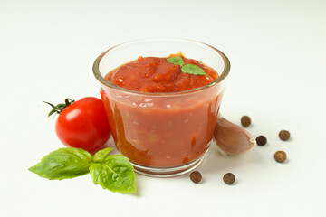 Concept of spicy sauce with Adjika, close up