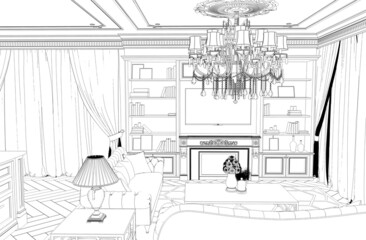 Fototapeta premium interior contour visualization, 3D illustration, sketch, outline 