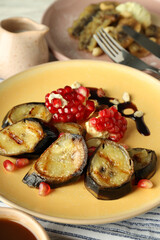 Concept of tasty food with grilled banana, close up