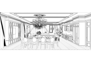 interior contour visualization, 3D illustration, sketch, outline
