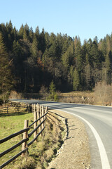 Road in Ukrainian Carpathian mountains in sunny day