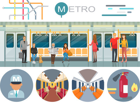 Metro station and passenger train vector illustration. Set with seats, train driver, extinguisher for website infographics. People inside high speed public transport. Passengers travel in subway car
