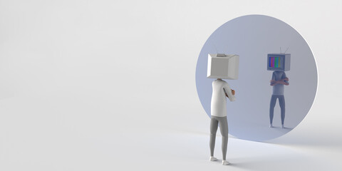 Man with an old television instead of a head looking in a mirror. Control and manipulation of mass media. Television audience. 3D illustration. Copy space.