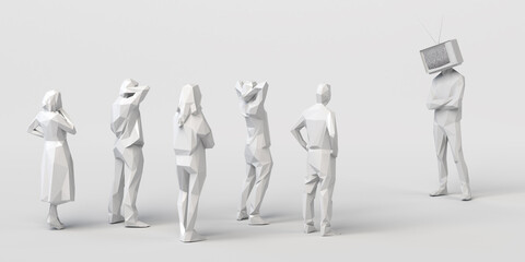 Group of people looking at man with television instead of head. Control and manipulation of mass media. Television audience. 3D illustration. Copy space.