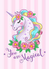 You are magical lettering. Cute unicorn with flowers on pink background. Seamless vector in pastel colors for cards, prints, posters.