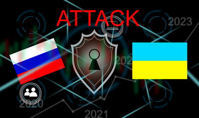 Computer hacker or Cyber attack concept background with Ukraine flag and the Russian bear-hacker