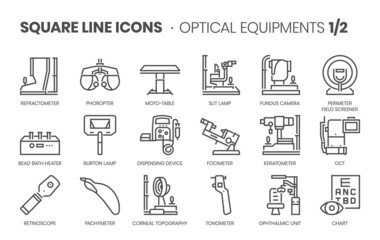 Optical Equipments 1 related, pixel perfect, editable stroke, up scalable square line vector icon set.