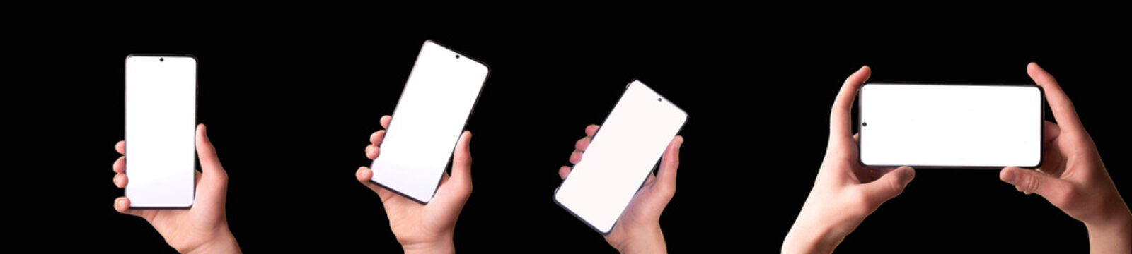 Person holding phone in one hand on dark background