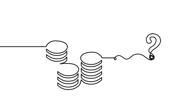 Abstract coins with question mark as continuous lines drawing on white background