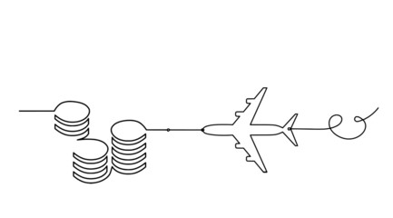 Abstract coins with plane as continuous lines drawing on white background. Vector
