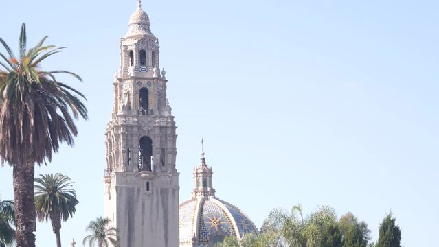 Spanish colonial revival architecture in Balboa Park, San Diego, California USA. Historic building, classic baroque or rococo romance style. Bell tower or belfry, relief stucco ornamental art decor.
