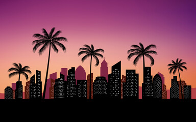 silhouette city skyline view  with palm trees background