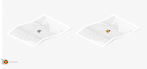 Set of two realistic map of Uganda with shadow. The flag and map of Uganda in isometric style.