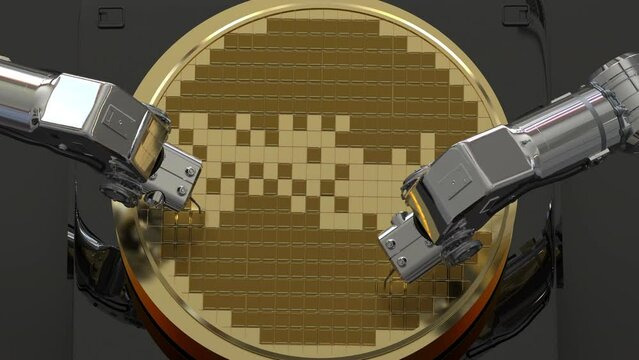 Robotic arms with silicon wafers for semiconductor manufacturing top view 4k footage 