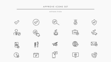 Quality approve related linear icon set vector illustration. Tick icon for guaranty and acceptance