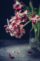 Fototapeta na wymiar Bouquet of red tulip flowers in a transparent vase