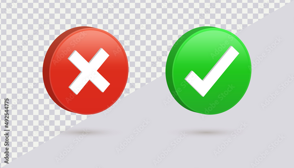 Aufkleber 3d checkmark icon button correct and incorrect sign or check mark box frame with green tick and red cross symbols - yes or no 3d icons buttons	
