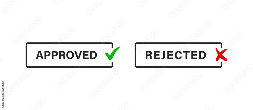Fototapete check box icon button, approved and rejected rubber stamp label banner in line frame. right and wrong check mark icons in outline frame, yes or no icons signs. green tick red cross stamps