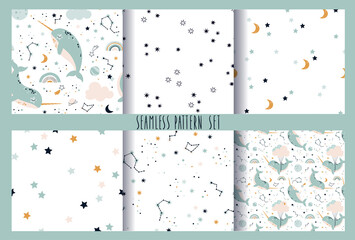 Seamless pattern set with narwhals in space