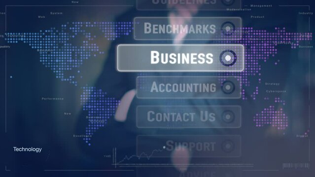 Contact Us. A businessman selecting a Contact Us business concept on a futuristic screen.
