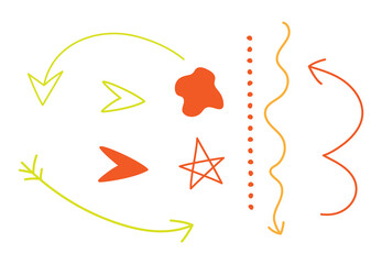 Set of yellow doodle arrows, lines. Collection of hand drawn elements. Vector illustration.