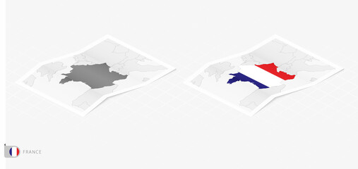 Set of two realistic map of France with shadow. The flag and map of France in isometric style.