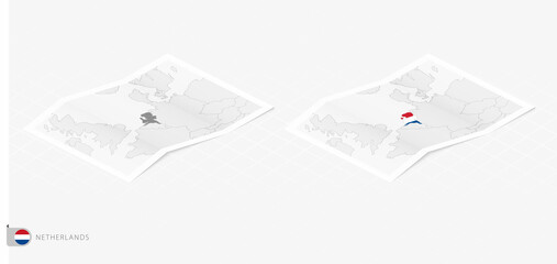 Set of two realistic map of Netherlands with shadow. The flag and map of Netherlands in isometric style.