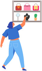 Shelf with different female accessories. Lady looking at necklace and handbags. Woman takes out jewelry, beads from shelf. Accessories for modern women, beauty, jewelry stand vector illustration