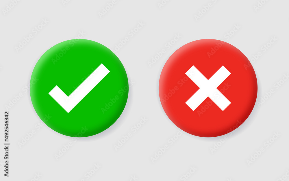 Poster 3d checkmark icon button correct and incorrect sign or check mark box frame with green tick and red cross symbols - yes or no 3d icons buttons	
