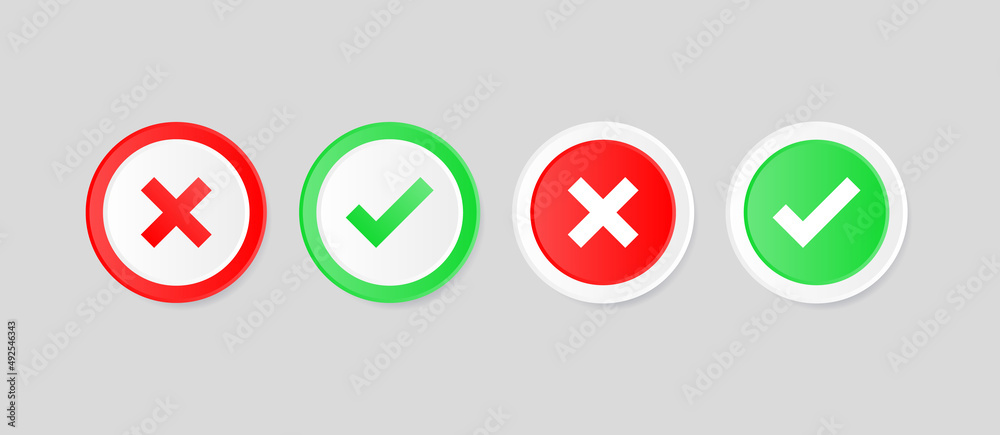 Aufkleber check box icon button with checkmark icons green tick box and red cross, check list circle frame with yes and no icons	
