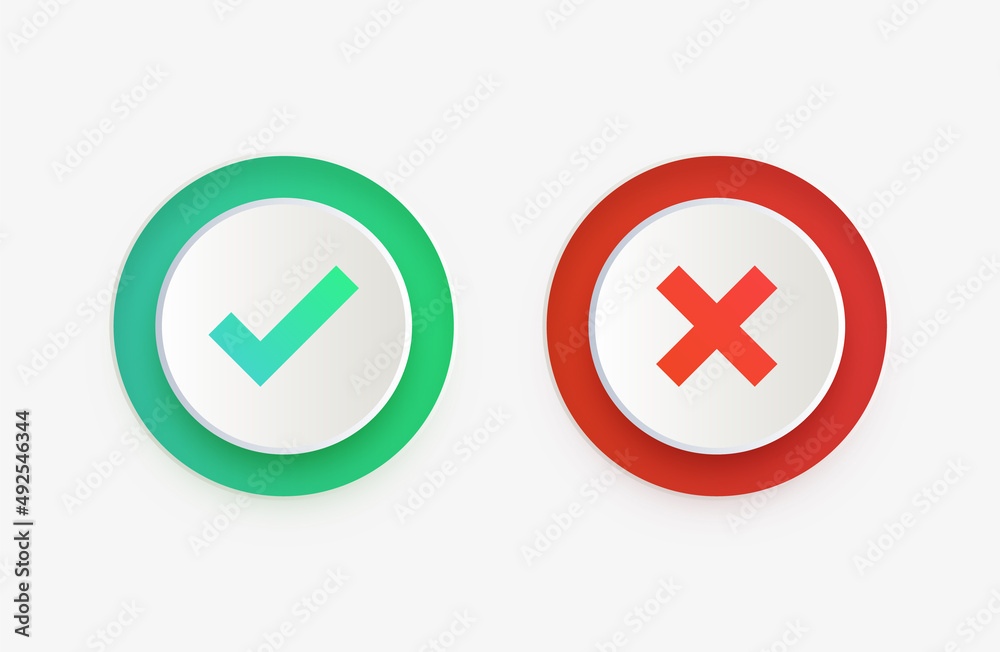 Poster check box icon button with checkmark icons green tick box and red cross, check list circle frame with yes and no icons	
