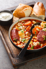 Traditional Hungarian Babgulyas bean goulash soup made of pinto beans, smoked meat, celery, carrot closeup in the plate on the wooden tray. Vertical