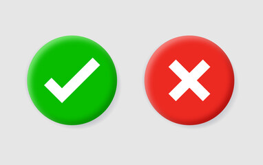 3d checkmark icon button correct and incorrect sign or check mark box frame with green tick and red cross symbols - yes or no 3d icons buttons	
