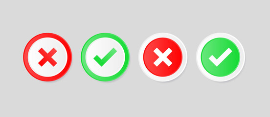 check box icon button with checkmark icons green tick box and red cross, check list circle frame with yes and no icons	
